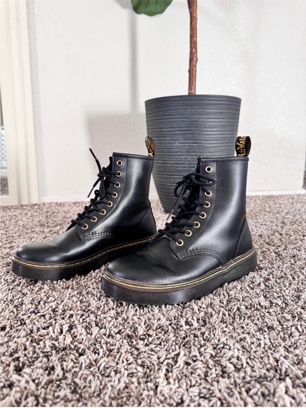 Dr. Martens Black Leather Lace-Up Ankle Boots with Yellow Pull Tabs